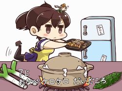 Rule 34 | 2girls, apron, bitter melon, brown eyes, brown hair, comic, cooking, fairy (kancolle), highres, kaga (kancolle), kantai collection, multiple girls, parody, ponytail, side ponytail, spring onion, suisei (kancolle), tanaka kusao, translation request