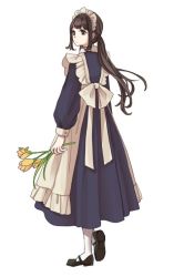Rule 34 | 1girl, apron, brown hair, flower, flower request, from behind, full body, holding, holding flower, kashiwagi chisame, long hair, maid, maid apron, maid headdress, mary janes, original, ponytail, shoes, solo, white background