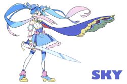 Rule 34 | 1girl, ahoge, artist request, blue dress, blue eyes, blue footwear, blue hair, boots, cape, character name, cure sky, dress, earrings, eyelashes, gradient hair, hair ornament, highres, hirogaru sky! precure, jewelry, long hair, looking to the side, magical girl, multicolored hair, pink hair, precure, simple background, solo, sora harewataru, source request, standing, streaked hair, sword, thighhighs, twintails, very long hair, weapon, white background, wing hair ornament