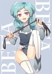 Rule 34 | 1girl, adapted costume, beta (inazuma eleven), blush, green hair, inazuma eleven, inazuma eleven (series), inazuma eleven go, inazuma eleven go chrono stone, itsukino, long hair, no pupils, open mouth, protocol omega, purple eyes, thighhighs, whip