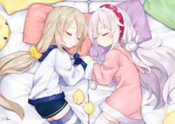 Rule 34 | 2girls, alternate hairstyle, animal, ayanami (azur lane), azur lane, bed sheet, bird, blue shorts, blush, bow, chick, closed eyes, closed mouth, commentary request, fingernails, fur-trimmed jacket, fur-trimmed sleeves, fur trim, hair between eyes, hair bow, hair down, hair ornament, holding hands, hood, hood down, hooded jacket, jacket, kokone (coconeeeco), laffey (azur lane), long hair, long sleeves, low ponytail, lying, multiple girls, on side, parted lips, pillow, pink jacket, rabbit hair ornament, shirt, short shorts, shorts, silver hair, sleeping, sleeves past wrists, striped clothes, striped legwear, striped thighhighs, thighhighs, very long hair, white shirt, yellow bow