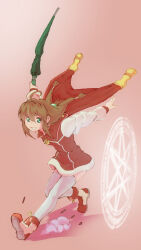 Rule 34 | 1girl, absurdres, ahoge, brown hair, cape, coat, dress, full body, green eyes, hair ornament, highres, kaien advance, lilka eleniak, long hair, looking at viewer, low-tied long hair, magic circle, sidelocks, simple background, skirt, smile, solo, thighhighs, twintails, umbrella, white thighhighs, wild arms, wild arms 2