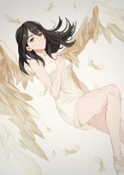 Rule 34 | 1girl, absurdres, bare shoulders, black hair, breasts, dress, expressionless, final fantasy, final fantasy viii, hand on own chest, highres, long hair, looking at viewer, rinoa heartilly, simple background, sleeveless, sleeveless dress, solo, wings, yawai tofu