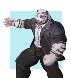 Rule 34 | 1boy, absurdres, alternate costume, alternate facial hair, animal ears, anyisdragon, arknights, bara, beard, collared shirt, facial hair, feet out of frame, frown, furry, furry male, highres, large pectorals, male focus, mountain (arknights), muscular, muscular male, pectorals, scar, scar across eye, shirt, short hair, solo, standing, thick eyebrows, tiger boy, tiger ears, tiger stripes, white fur, white hair