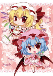 Rule 34 | 2girls, alternate costume, ascot, bad id, bad pixiv id, bat (animal), bat wings, blonde hair, blue hair, blush, character name, chibi, commentary request, cup, dress, drinking glass, english text, engrish text, enmaided, eyebrows, fang, flandre scarlet, frilled dress, frills, full body, hair between eyes, hat, holding, holding tray, looking at viewer, maid, mob cap, mop, multiple girls, noai nioshi, open mouth, puffy sleeves, ranguage, red eyes, red footwear, remilia scarlet, shoes, smile, socks, standing, standing on one leg, star (symbol), text focus, touhou, tray, white legwear, wine glass, wings