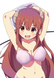 Rule 34 | 1girl, absurdres, ahoge, armpits, arms up, blush, bra, breasts, brown eyes, brown hair, cleavage, collarbone, commentary, curvy, demon girl, demon horns, demon tail, fang, floral print, frilled bra, frills, hair between eyes, hair over breasts, highres, horns, large breasts, long hair, looking at viewer, machikado mazoku, midriff, navel, oekakiism, open mouth, panties, pink bra, sidelocks, simple background, smile, smug, solo, stomach, tail, underwear, undressing, upper body, upturned eyes, v-shaped eyebrows, very long hair, white background, yoshida yuuko (machikado mazoku)