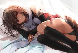 Rule 34 | 1girl, backlighting, bare shoulders, bed sheet, black gloves, black neckerchief, black skirt, black socks, blush, brown eyes, brown hair, buttons, closed mouth, double-breasted, elbow gloves, fingerless gloves, gloves, kantai collection, kneehighs, light particles, looking at viewer, lying, miniskirt, neckerchief, on side, panties, pantyshot, pleated skirt, rinto (rint rnt), scarf, sendai (kancolle), sendai kai ni (kancolle), short hair, sketch, skirt, sleeveless, smile, socks, solo, tareme, thighs, underwear, white scarf