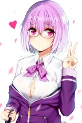 Rule 34 | 10s, 1girl, absurdres, artist name, bad id, bad pixiv id, blush, breasts, cleavage, closed mouth, collared shirt, glasses, gridman universe, heart, highres, hood, hoodie, large breasts, long sleeves, looking at viewer, partially unbuttoned, pink eyes, purple hair, shinjou akane, shirt, signature, smile, solo, ssss.gridman, taitai, uniform, upper body, v, white shirt