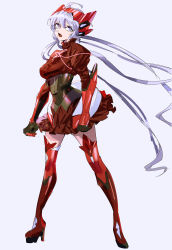 Rule 34 | 1girl, black corset, boots, breasts, corset, dress, elbow gloves, floating hair, gloves, headgear, high heel boots, high heels, highres, long hair, looking to the side, medium breasts, armored boots, metal gloves, purple eyes, red dress, red footwear, red gloves, senki zesshou symphogear, silver hair, solo, thigh boots, thighhighs, thundergotch, very long hair, yukine chris