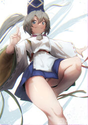 Rule 34 | 1girl, absurdres, blue eyes, blue hat, blue skirt, closed mouth, commentary request, foot out of frame, grey hair, hair between eyes, hat, highres, japanese clothes, kariginu, knee up, long bangs, long hair, long sleeves, looking at viewer, mononobe no futo, panties, pantyshot, pom pom (clothes), ponytail, ribbon-trimmed sleeves, ribbon trim, shiny skin, skirt, smile, solo, sotatsudraw, tate eboshi, touhou, underwear, v-shaped eyebrows, very long hair, white background, white panties, wide sleeves