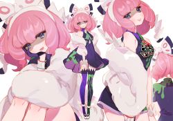Rule 34 | 1girl, alternate costume, asymmetrical legwear, bare shoulders, blush, bow, breasts, coat, creatures (company), dress, full body, fur coat, game freak, gloves, green thighhighs, gwayo, hair bow, hair ornament, hairband, hand on own cheek, hand on own face, head rest, jersey, klara (pokemon), looking at viewer, medium breasts, mismatched legwear, mole, mole under mouth, nintendo, open clothes, open coat, open mouth, pink hair, pokemon, pokemon swsh, purple eyes, purple gloves, shirt, short hair, single glove, sleeveless, sleeveless dress, sleeveless shirt, smile, solo, thighhighs, white bow, white coat