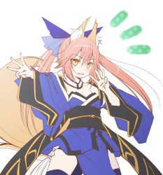 Rule 34 | 1girl, :d, aged down, animal ear fluff, animal ears, bare shoulders, blue kimono, blue ribbon, blue sleeves, blue thighhighs, blush, breasts, brown eyes, brown hair, cleavage, collarbone, commentary request, detached sleeves, fang, fate/extra, fate (series), fox ears, fox girl, fox tail, hair ribbon, haryuu (poetto), highres, japanese clothes, kimono, long hair, long sleeves, looking at viewer, notice lines, obi, open mouth, outstretched arm, polka dot, ribbon, sash, simple background, small breasts, smile, solo, strapless, tail, tamamo (fate), tamamo no mae (fate/extra), thighhighs, twintails, very long hair, w, white background, wide sleeves