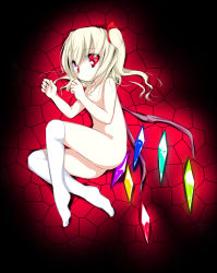 Rule 34 | 1girl, completely nude, crystal, female focus, flandre scarlet, from above, from side, full body, nude, oouso, red background, solo, thighhighs, touhou, white thighhighs, wings