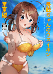 Rule 34 | 1girl, ahoge, beach, bikini, blurry, blurry background, braid, breasts, brown hair, chougei (kancolle), cloud, cloudy sky, collarbone, comiket 101, commentary request, cover, dated, day, grey eyes, hair rings, highres, kantai collection, kirisawa juuzou, large breasts, long hair, looking at viewer, ocean, orange bikini, outdoors, signature, sky, solo, swimsuit, twin braids, v, water
