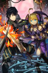 Rule 34 | 1boy, 1girl, ahoge, artist name, bare shoulders, black footwear, black hair, black leotard, blonde hair, blue eyes, blurry, blurry foreground, boots, brick wall, chrom (fire emblem), closed mouth, collared jacket, commentary, depth of field, dragalia lost, english commentary, fire emblem, fire emblem awakening, green jacket, green pants, hagoromo, hair ornament, hentaki, highres, holding, holding staff, holding sword, holding weapon, jacket, knee boots, leotard, long hair, long sleeves, nintendo, pants, parrying, parted lips, shawl, staff, sword, v-shaped eyebrows, very long hair, watermark, weapon, web address, zethia