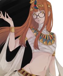 Rule 34 | 1girl, arm up, armlet, bare shoulders, black-framed eyewear, breasts, egyptian clothes, glasses, headband, highres, jewelry, lips, long hair, medium breasts, midriff, mummy, navel, orange hair, persona, persona 5, pertex 777, sakura futaba, shadow (persona), shadow futaba, simple background, solo, stomach, usekh collar, white background, yellow eyes