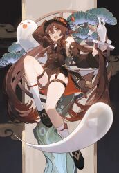 Rule 34 | 1girl, arm behind head, bare shoulders, black background, black footwear, black headwear, boo tao (genshin impact), brown hair, brown shirt, brown shorts, buttons, clover-shaped pupils, detached sleeves, floating, genshin impact, ghost, hair over shoulder, highres, holding, holding plate, hu tao (genshin impact), long hair, long sleeves, looking at viewer, open mouth, plant, plate, red eyes, shirt, shoes, shorts, sidelocks, simple background, sleeveless, sleeveless shirt, smile, socks, solo, symbol-shaped pupils, thighlet, two-tone background, vase, white background, white socks, yurayura (mdeh5447)