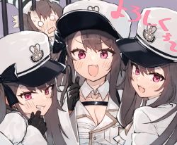 Rule 34 | 4girls, azur lane, bad id, bad pixiv id, black gloves, black hair, breasts, cleavage, coat, collarbone, detached collar, fang, gloves, grin, hat, index finger raised, looking at viewer, medium breasts, military, military hat, military uniform, multiple girls, multiple persona, one side up, open mouth, pamiat merkuria (azur lane), pamiat merkuria (caged minx) (azur lane), pink eyes, smile, smug, suminagashi, uniform, upper body, white coat