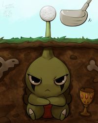 Rule 34 | absurdres, annoyed, ball, black eyes, bone, buried, character name, closed mouth, commentary, creature, creatures (company), crossed arms, cup, english commentary, facial mark, frown, game freak, gen 2 pokemon, golf, golf ball, golf club, grass, highres, horns, larvitar, nintendo, no humans, pokedex number, pokemon, pokemon (creature), single horn, skull, solo, twime777