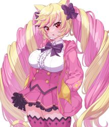 Rule 34 | 1girl, animal ears, big hair, blonde hair, blush, bow, bowtie, breasts, buttons, cat ears, cat girl, center frills, cowboy shot, double-breasted, drill hair, frills, hair bow, hands in pockets, high-waist skirt, highres, hood, hood down, hoodie, large breasts, long hair, mashima himeko (show by rock!!), miniskirt, multicolored hair, onsoku inu, open clothes, open hoodie, open mouth, pink hair, pink hoodie, pink skirt, pink thighhighs, pleated skirt, red eyes, shirt, show by rock!!, simple background, skirt, solo, swept bangs, thick thighs, thighhighs, thighs, twin drills, twintails, two-tone hair, very long hair, white background, white shirt, zettai ryouiki
