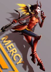 Rule 34 | 1girl, absurdres, armor, bad id, bad pixiv id, black hair, black pantyhose, bodysuit, breasts, character name, dark persona, demon horns, demon tail, devil mercy, facial mark, faulds, finger on trigger, floating, forehead mark, full body, gloves, glowing, glowing wings, greaves, grey background, grossic, gun, hair between eyes, hair tie, handgun, highres, holding, holding gun, holding staff, holding weapon, horns, leg up, looking at viewer, looking to the side, mechanical wings, mercy (overwatch), nose, official alternate costume, orange wings, overwatch, overwatch 1, pantyhose, parted lips, pelvic curtain, pinky out, pistol, ponytail, purple eyes, red bodysuit, red gloves, red lips, shadow, simple background, small breasts, smile, solo, staff, tail, weapon, wings