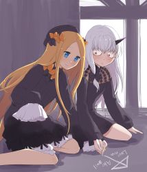 Rule 34 | 2girls, abigail williams (fate), absurdres, ai ai gasa, albino, black bow, black dress, black hat, blonde hair, bloomers, blue eyes, blush, bow, chalk, character name, chiaki phoenix, commentary request, drawing, dress, fate/grand order, fate (series), hair between eyes, hair bow, hands in opposite sleeves, hat, highres, horns, kneeling, lavinia whateley (fate), long hair, long sleeves, multiple girls, open mouth, orange bow, parted bangs, pink eyes, polka dot, polka dot bow, ribbed dress, ribbed sleeves, shadow, single horn, sleeves past wrists, smile, underwear, very long hair, white hair, yuri