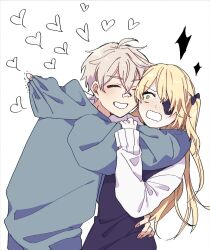 Rule 34 | 1boy, 1girl, ahoge, alternate costume, arm around neck, arm around waist, arm grab, bandaid, bandaid on face, bandaid on nose, bennett (genshin impact), blonde hair, blush, bow, casual, cheek-to-cheek, clothes pull, constricted pupils, dress, eyepatch, fischl (genshin impact), genshin impact, green eyes, grey hair, hair between eyes, hair bow, hand on another&#039;s arm, hand on another&#039;s hip, happy, heads together, heart, hood, hood down, hood pull, hug, long hair, long sleeves, looking at another, nose blush, one eye covered, parted bangs, renne, short hair, sleeves past wrists, smile, sweater, trembling, wide-eyed