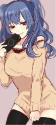 Rule 34 | 10s, 1girl, bad id, bad pixiv id, bare shoulders, black thighhighs, blue eyes, blue hair, clothes tug, covering privates, covering crotch, grin, handheld game console, heterochromia, long hair, long sleeves, matching hair/eyes, oga, playstation portable, red eyes, smile, solo, sweater, sweater tug, thighhighs, tokyo ghoul, tokyo ghoul:re, twintails, yonebayashi saiko, zettai ryouiki