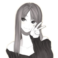 Rule 34 | 1girl, bad id, bad pixiv id, bare shoulders, collarbone, fingernails, greyscale, hair over shoulder, long hair, monochrome, off-shoulder, off-shoulder sweater, off shoulder, original, poaro, ribbed sweater, simple background, smile, solo, sweater, v, white background