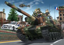 Rule 34 | 1boy, 2girls, ;), absurdres, aerospatiale gazelle, aircraft, amx 30b2 brenus, assault rifle, black gloves, blonde hair, blue shirt, blue sky, brown hair, building, bullpup, camouflage, camouflage jacket, car, caterpillar tracks, closed eyes, cloud, commentary request, daniel morales, day, famas, flagpole, france, french army, french flag, gloves, goggles, goggles on headwear, green headwear, green jacket, gun, hat, headlight, headpiece, helicopter, helmet, highres, holding, holding gun, holding weapon, jacket, kepi, lamppost, left-hand drive, license plate, microphone, mikeran (mikelan), military hat, military jacket, military vehicle, motor vehicle, multiple girls, one eye closed, open mouth, original, outdoors, peugeot, peugeot 406, radio antenna, rifle, road, roundel, shirt, sky, sleeves rolled up, smile, soldier, street, sweatdrop, tank, tank helmet, tank turret, taxi, taxi (series), tree, trigger discipline, v, vehicle focus, weapon, white car