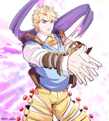 Rule 34 | 1boy, adapted costume, blonde hair, blue eyes, blue vest, closed mouth, commentary request, dio brando, grm jogio, jojo no kimyou na bouken, long sleeves, male focus, palms together, pants, phantom blood, purple scarf, scarf, shirt, short hair, solo, sweater vest, vest, white shirt, yellow pants