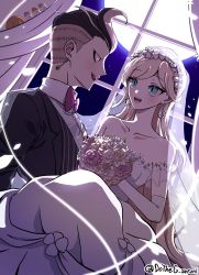 Rule 34 | 1boy, 1girl, absurdres, backlighting, black hair, black suit, blonde hair, blue eyes, blush, bouquet, bow, bowtie, carrying, cham-p, commentary request, couple, curtains, danganronpa (series), danganronpa 2: goodbye despair, dress, dudeoji (dotheg ansoni), earrings, elbow gloves, feet out of frame, flower, formal, full moon, gloves, grey hair, hair flower, hair ornament, hamster, happy, headdress, hetero, highres, indoors, jewelry, jum-p, korean commentary, long hair, looking at another, maga-g, moon, night, night sky, open mouth, pink flower, pink rose, princess carry, purple bow, purple bowtie, red eyes, rose, sky, smile, sonia nevermind, suit, sun-d, swept bangs, tanaka gundham, teeth, traditional bowtie, tuxedo, upper body, upper teeth only, veil, wedding dress, white dress, white gloves, white headdress