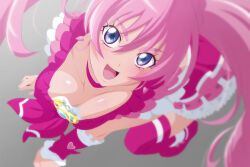 Rule 34 | 1girl, blue eyes, breasts, choker, cleavage, cure melody, fuchi (nightmare), gradient background, grey background, houjou hibiki, large breasts, long hair, looking at viewer, magical girl, open mouth, pink choker, pink hair, pink wrist cuffs, precure, smile, solo, suite precure, twintails, wrist cuffs