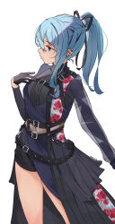 Rule 34 | 1girl, belt, blue eyes, blue hair, chest belt, earrings, gloves, hair ribbon, highres, hololive, hoshimachi suisei, hoshimachi suisei (shout in crisis), jewelry, long hair, malvar, midriff, multiple earrings, navel, official alternate costume, official alternate hairstyle, ponytail, ribbon, shorts, simple background, solo, virtual youtuber, waistcoat, white background