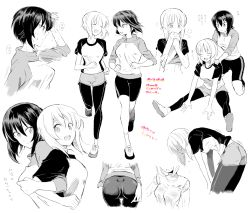 Rule 34 | 2girls, assisted stretching, back-to-back, bike shorts, closed eyes, clothes lift, cropped torso, from side, girls und panzer, gluteal fold, gym shorts, kneeling, layered clothes, leaning forward, leg up, leggings, leggings under shorts, lifted by self, light smile, locked arms, long sleeves, looking at another, looking back, moekichi, multiple girls, multiple views, nishizumi maho, nishizumi miho, open mouth, pantyhose, raglan sleeves, running, see-through, shirt, shirt lift, shoes, short hair, short shorts, shorts, siblings, single vertical stripe, sisters, sitting, smile, sneakers, standing, standing on one leg, stretching, sweatdrop, translated, wet, wet clothes, wet shirt