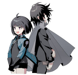 Rule 34 | 2girls, :d, absurdres, ahoge, amatori chika, back-to-back, black gloves, black hair, black jacket, black pants, black shorts, blue jacket, bob cut, cropped legs, floating hair, freckles, gloves, grey cloak, grey shirt, hand on own arm, hatohara mirai, highres, jacket, korean commentary, long sleeves, looking ahead, looking at viewer, mikumo squad&#039;s uniform, multiple girls, nana 0253, ninomiya squad&#039;s uniform, open clothes, open jacket, open mouth, own hands together, pants, profile, purple eyes, shirt, short hair, shorts, sideways glance, simple background, smile, v arms, white background, wind, world trigger