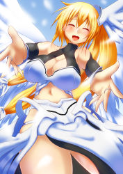 Rule 34 | angel wings, astraea (sora no otoshimono), blonde hair, highres, outstretched arms, smile, solo, sora no otoshimono, spread arms, wings, yamaneko ken
