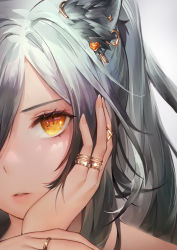 Rule 34 | 1girl, absurdres, animal ears, arknights, cat ears, charles (106858), close-up, ear piercing, hair over one eye, hand on own cheek, hand on own face, heart, highres, jewelry, lips, long hair, looking at viewer, multiple rings, orange eyes, parted lips, piercing, ponytail, portrait, ring, schwarz (arknights), silver hair, simple background, solo, white background