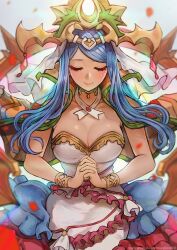 Rule 34 | 1girl, blue hair, blush, bracelet, breasts, cleavage, closed eyes, collarbone, cowboy shot, crown, dress, falling petals, fire emblem, fire emblem engage, highres, holding, jewelry, large breasts, long hair, lumera (fire emblem), magion02, nintendo, petals, simple background, smile, solo, strapless, veil, very long hair, white dress