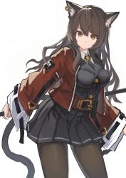 Rule 34 | 1girl, animal ears, arknights, belt, black necktie, black pantyhose, black shirt, black skirt, breasts, brown hair, buttons, cat ears, cat girl, cat tail, commentary, cowboy shot, ear piercing, highres, holding, jacket, large breasts, long hair, looking at viewer, necktie, open clothes, open jacket, pantyhose, piercing, pleated skirt, red belt, red jacket, sentou kouhei kitsune, shirt, simple background, skirt, skyfire (arknights), smile, solo, tail, thighs, vertical-striped clothes, vertical-striped necktie, white background, white shirt, yellow eyes