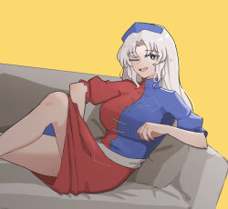 Rule 34 | 1girl, bare legs, black eyes, blue dress, blue hat, breasts, bright pupils, commentary, constellation print, couch, dress, english commentary, feet out of frame, frilled sleeves, frills, grey hair, grey sash, hat, highres, large breasts, long hair, looking at viewer, mata (matasoup), nurse cap, one eye closed, open mouth, parted bangs, reclining, red dress, sexually suggestive, short sleeves, simple background, smile, solo, touhou, two-tone dress, white pupils, yagokoro eirin, yellow background