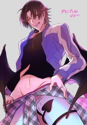 Rule 34 | 1boy, bad id, bad pixiv id, between legs, black hair, clothes around waist, demon boy, demon tail, groin, heart, heart tattoo, heterochromia, highres, hypnosis mic, jacket, jacket around waist, jewelry, kanimiso (sansansako), licking lips, looking at viewer, looking down, male focus, mole, mole under eye, mole under mouth, naughty face, navel, pubic tattoo, ring, simple background, solo, tail, tail between legs, tattoo, tongue, tongue out, yamada jiro
