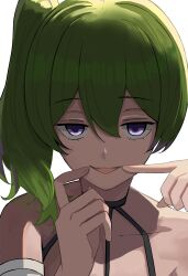 Rule 34 | 1girl, absurdres, arm strap, bare shoulders, black choker, chisaku, choker, commentary, green hair, hair between eyes, highres, looking at viewer, purple eyes, side ponytail, simple background, solo, sousou no frieren, ubel (sousou no frieren), upper body, white background
