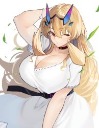 Rule 34 | 1girl, bare shoulders, belt, blonde hair, blush, breasts, cleavage, collarbone, dress, barghest (fate), fate/grand order, fate (series), horns, large breasts, long hair, looking at viewer, one eye closed, red eyes, smile, solo, suminagashi, white dress