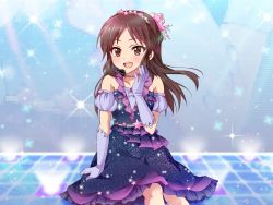 Rule 34 | 10s, 1girl, brown eyes, brown hair, dress, elbow gloves, gloves, headset, heiho, highres, idolmaster, idolmaster cinderella girls, idolmaster cinderella girls starlight stage, long hair, microphone, music, open mouth, singing, smile, solo, stage, tachibana arisu
