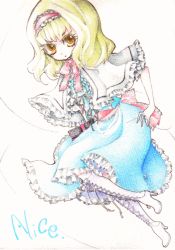 Rule 34 | 1girl, alice margatroid, boots, colored eyelashes, cross-laced footwear, dress, eyelashes, female focus, frills, high heels, lace-up boots, lolita fashion, miri, miri (tobira no mukou), shoes, solo, touhou, traditional media