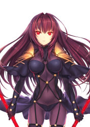 Rule 34 | 1girl, armor, bodysuit, breasts, capelet, covered navel, cowboy shot, dual wielding, eyebrows, fate/grand order, fate (series), gae bolg (fate), glint, glowing, glowing weapon, holding, holding weapon, large breasts, long hair, looking at viewer, parted lips, pauldrons, purple bodysuit, purple hair, red eyes, sakuyosi, scathach (fate), serious, shoulder armor, shoulder pads, simple background, skin tight, solo, very long hair, weapon, white background