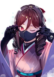 Rule 34 | 1girl, absurdres, black gloves, bow, brown hair, commentary request, doushi tatsu to dekkai no, drill hair, gloves, hair between eyes, hair bow, hands up, harukaze (kancolle), highres, japanese clothes, kantai collection, kimono, long hair, long sleeves, looking at viewer, mask, mouth mask, obi, one eye closed, pink kimono, red bow, red eyes, sash, simple background, solo, twin drills, upper body, white background, wide sleeves