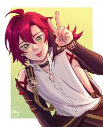 Rule 34 | 1boy, :p, ainudraws, armor, genshin impact, green background, green eyes, hair between eyes, highres, japanese armor, japanese clothes, kote, kurokote, male focus, mole, mole under eye, multicolored hair, red hair, shikanoin heizou, sleeveless, solo, streaked hair, tongue, tongue out, transparent background, v, white background