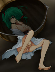Rule 34 | 1girl, barefoot, breasts, bucket, feet, female focus, female masturbation, green hair, hair bobbles, hair ornament, ifuji sakura, in bucket, in container, kisume, large breasts, masturbation, messy hair, nipples, no panties, aged up, pussy juice, short hair, solo, toe scrunch, toes, touhou, twintails, uncensored